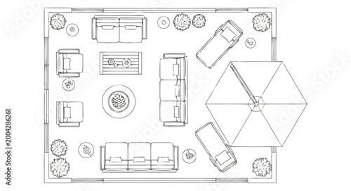 Overhead architectural drawing of an outdoor living space layout featuring lounge seating arrangements sectional sofas chairs a fire pit and patio umbrella creating a conceptual view of exterior