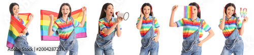 Set of young woman with rai...
