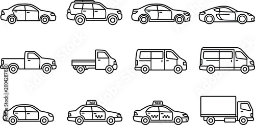 Transport vehicle icons set with cars taxis vans pickup trucks delivery vehicles and urban mobility symbols vector illustration