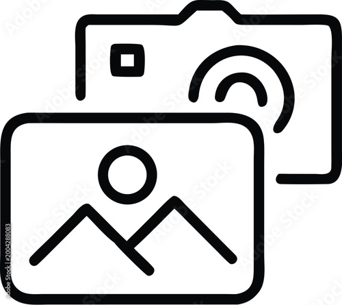 camera with photo icon black and white line art illustration of a digital camera displaying an image high quality professional detailed