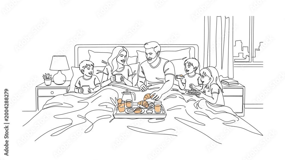 Fototapeta premium Happy family enjoying breakfast together in bed line art illustration.