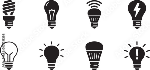 Black and White Light Bulb Icons Collection Minimal Vector.