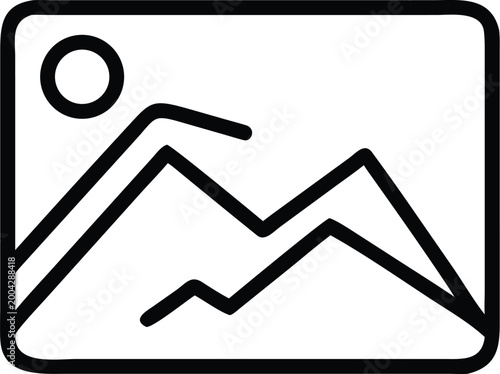 landscape icon with sun and mountains simple black and white line drawing high quality professional detailed modern elegant stylish clean crisp