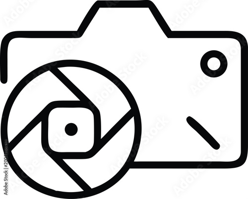 camera icon with lens black line art on white background photography symbol high quality professional detailed modern elegant stylish clean crisp