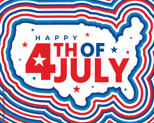 Happy 4th of July Independence Day Greeting Card with USA Map Silhouette, Patriotic Red White and Blue Stars and Stripes Background. United States National Holiday Celebrations Vector Illustration.