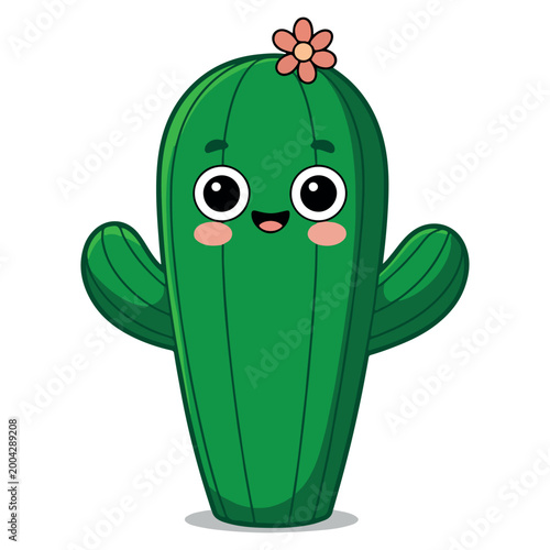 Cute Saguaro Cactus Character with Flower - Kawaii Desert Illustration. Happy Smiling Cactus Vector Icon - Minimalist Green Succulent Design. Adorable Cartoon Cactus Illustration. 