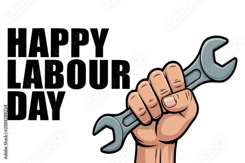 Happy Labour Day Illustration with Raised Fist Holding Wrench. Labour Day Worker Power Concept Vector Design. International Labour Day Concept with Worker Strength Illustration. 