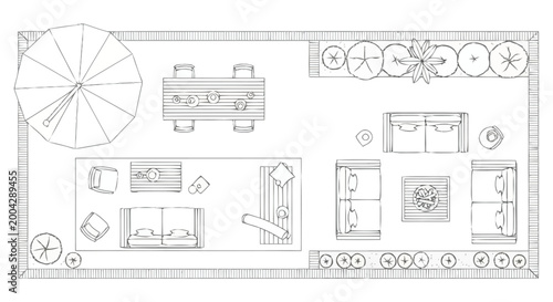 Top down view of a meticulously planned outdoor seating area showcasing a dining setup with chairs and table complemented by lounge furniture umbrellas and lush greenery for a serene relaxation