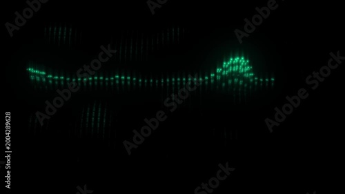 Sound Wave Visualization: An abstract visualization of sound waves, rendered in glowing green digital dots against a stark black background, representing audio frequencies and digital data.