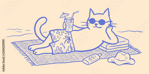Cute Cat Relaxing on Beach with Tropical Drink Doodle Minimal Line Drawing Vector Illustration