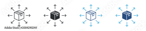 Product distribution icon set. package with arrows outward. logistics and delivery network concept. vector illustration.