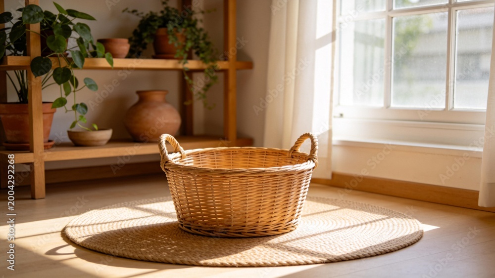 Fototapeta premium Wicker basket on rug by window