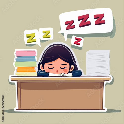 Tired Cartoon Woman Sleeping at Desk with Stacks of Paper