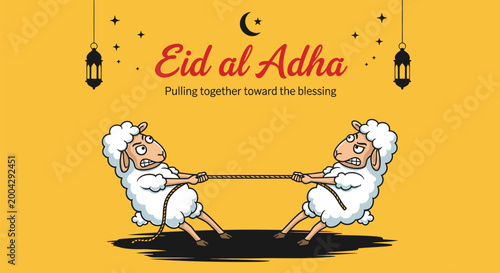 Eid al Adha, sheep, cartoon, vector illustration, Islamic holiday, festive, greeting card