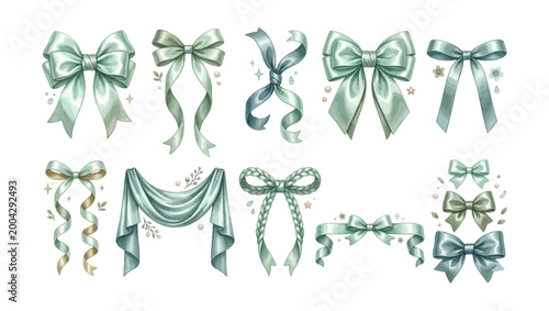 Watercolor Mint Satin Ribbon and Bow Clipart Set – Classic Bow Long Tail Twisted Knot Double Bow Slim Bow Spiral Curl Fabric Drape Braided Bow Ribbon Divider Mini Bow Collection Bundle, Soft Mint 