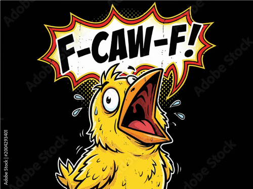Stressed Cartoon Yellow Chick Screaming F-CAW-F in Comic Book Style Speech Bubble, Funny Panicked Bird Illustration
