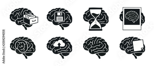Human Brain Icon Set, Cognitive Process and Memory Storage Symbols for Mental Health, Psychology and Data Science Concepts, Creative Thinking, Brainstorming, Information Processing and Mind Organizati