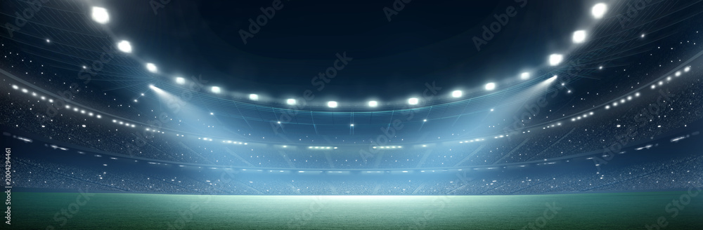 Fototapeta premium Football stadium at night. An imaginary stadium is modelled and rendered. 
