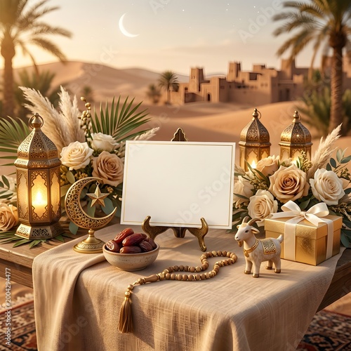 Eid ul adha celebration table scene with lanterns gifts and desert background copy space