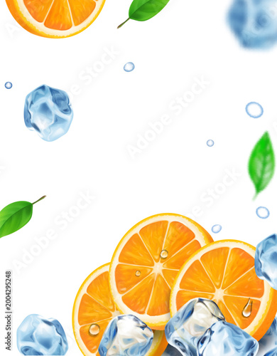 3d realistic vector vertical banner, orange slices with ice cubes and falling citrus fruits, orange beeverage juice background with flying fruit ads