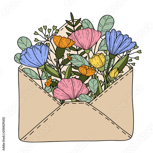 Envelope with hand drawn doodle summer flowers and greenery inside. Rustic line illustration for wedding, birthday, woman's day, mother's day greetings.