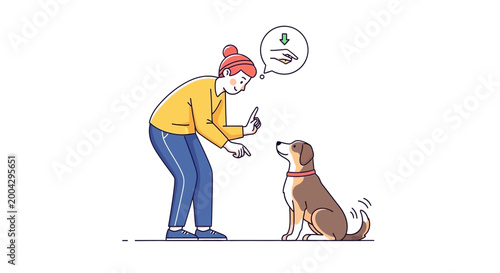 Tableau sur toile Woman training dog with hand gesture, obedience, positive reinforcement, simple