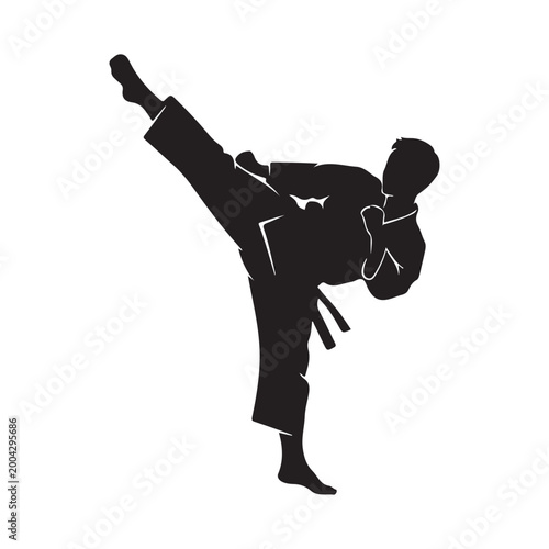 Martial arts athlete performing a high kick vector silhouette. Representing karate, taekwondo, and combat sports training, symbolizing discipline and agility