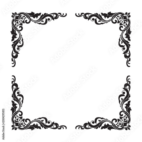 Black ornamental corner frame vector with filigree scrollwork. Ideal for elegant wedding invitations, certificates, and luxury branding designs