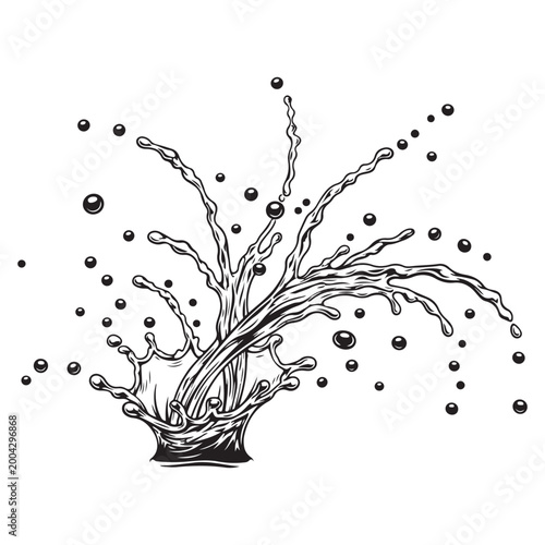 Black and white vector illustration of a liquid splash with droplets. Dynamic graphic element representing energy, movement, and fluid dynamics