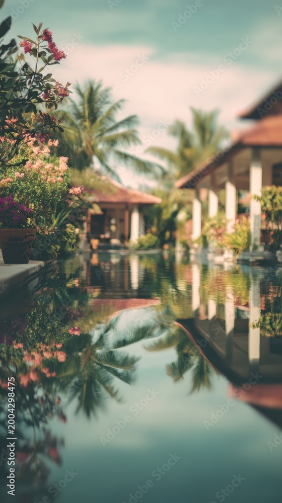 Fototapeta premium Blurred Bali jungle resort with nature immersion and eco travel mood.