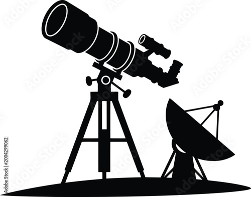 Black and white telescope with satellite dish