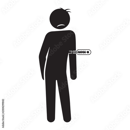 Sick person silhouette icon with a thermometer under the arm. Representing fever, illness, and medical symptoms for healthcare infographics
