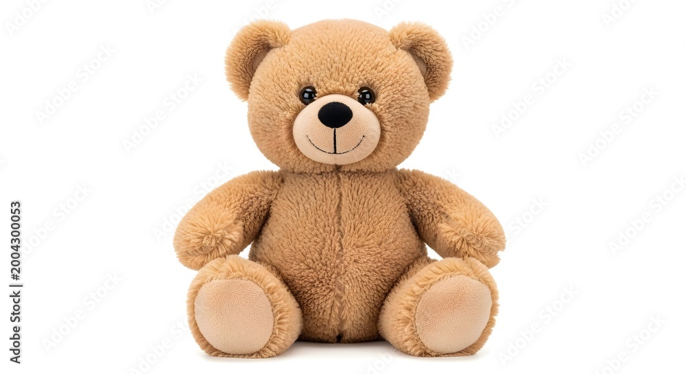 Obraz premium A cute, soft, light brown teddy bear sitting upright, facing forward, isolated on a white background