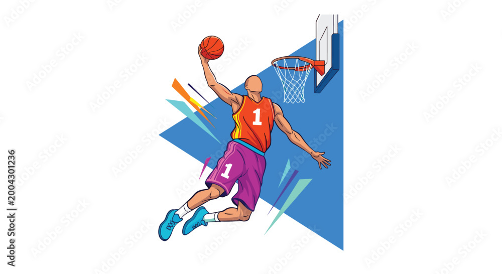 Fototapeta premium Dynamic illustration of a basketball player performing a slam dunk with abstract geometric shapes and a professional hoop in the background.