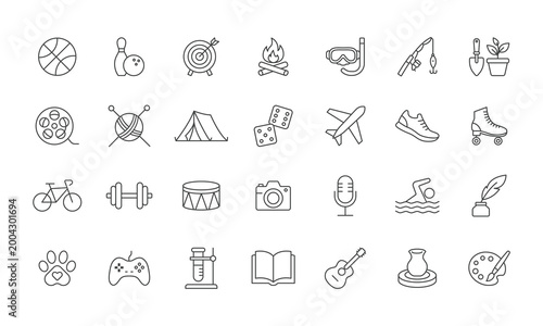 Collection of Line Art Icons Representing Diverse Hobbies and Leisure Activities