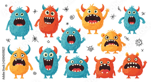 Collection of cute and colorful cartoon monsters with various funny expressions, horns, and shapes, great for kids illustrations and posters.