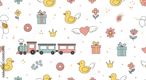 Seamless baby pattern featuring a toy train, yellow ducks, pink gift boxes, donuts, flowers, and crowns on a clean white background.
