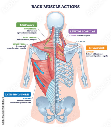 Fotografía Back muscle actions overview maps scapula and arm movement, highlights trapezius, latissimus dorsi, and rhomboids, arrows indicate motion paths