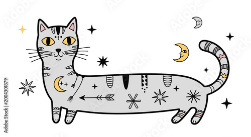 Whimsical long cat illustration adorned with celestial symbols like stars, moons, and arrows in a unique and creative folk-art aesthetic.