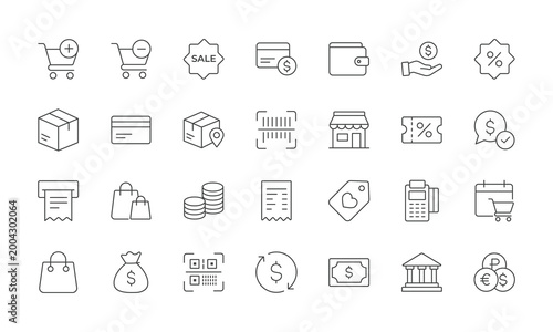 Thin Line Outline Purchase Icons Set Representing Commerce and Financial Transactions