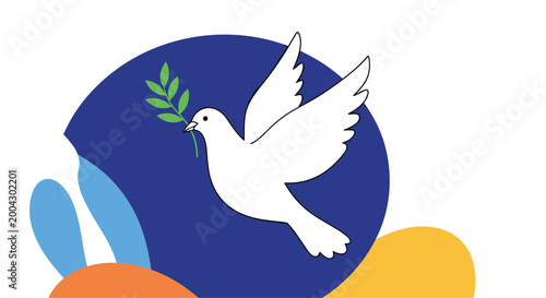 White dove of peace carrying an olive branch in its beak flying against a blue circular background with abstract colorful shapes on white.