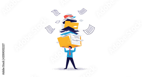 Overworked businessman struggling to balance a massive towering stack of office folders and flying papers representing a heavy workload.