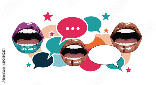 Vibrant pop art illustration featuring colorful open lips with different lipstick patterns and various speech bubbles for communication.