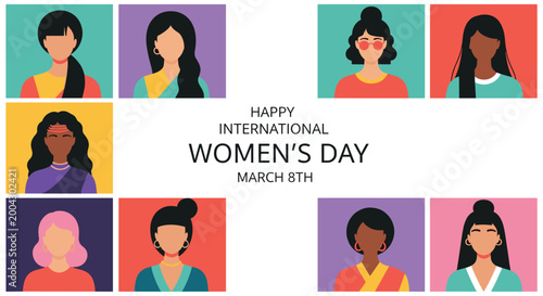Diverse collection of female portraits in colorful squares celebrating International Women's Day on March 8th with different ethnicities.