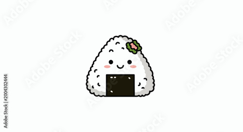 Cute cartoon onigiri rice ball character with a happy face and a green garnish, isolated on white background