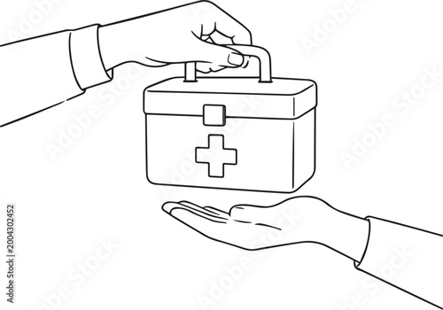 Helping Hands with First Aid Box Line Art PNG Transparent | Humanitarian Aid, Medical Support Outline Illustration