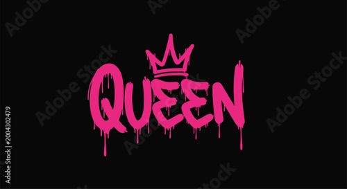 Stylish pink graffiti word Queen with a small crown on top featuring a dripping paint effect against a solid black background for urban look.