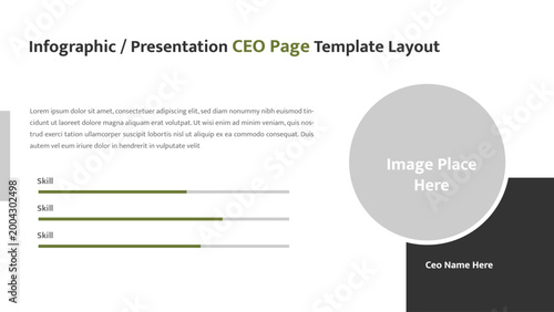CEO page infographic presentation template showcases an executive profile with skill bars and an image area