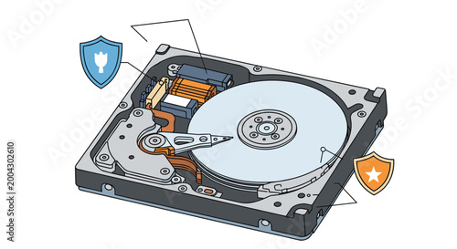 Detailed technical illustration showing the internal components of a computer hard disk drive including the platters and read-write head.