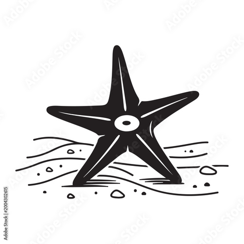 Starfish vector illustration on sandy beach. Minimalist black and white graphic ideal for summer designs, marine life themes, and coastal branding